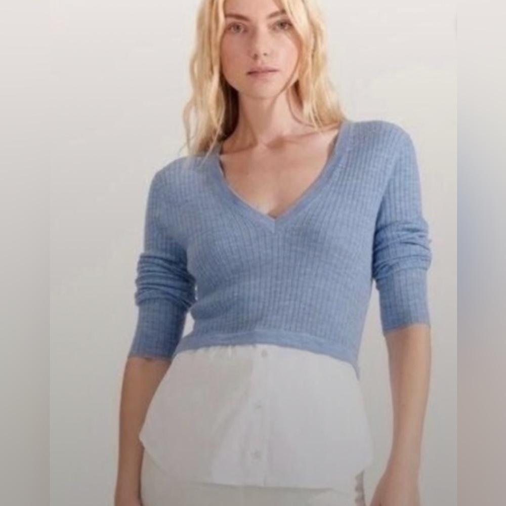 Veronica Beard Lydia Mixed Media V-Neck Pullover